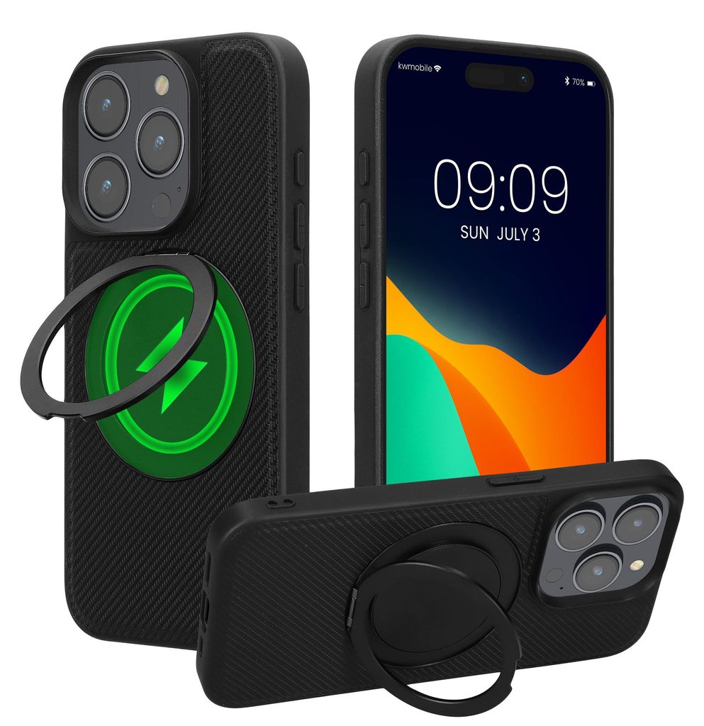 kwmobile Hülle für Apple iPhone 15 Pro Handyhülle - Case kompatibel mit MagSafe - Cover mit Ringständer - Kunstleder Carbon Look in Schwarz