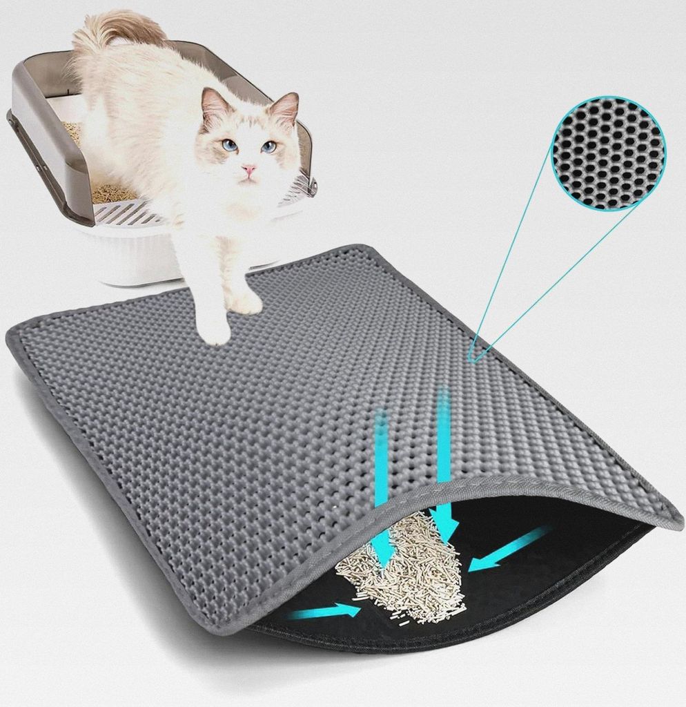 Katzenklo Matte Grau 75×55 CM– Doppelschicht Katzenstreu Matte mit Waben-Design, Wasserdicht & Rutschfest, Katzenstreumatte Katzenklo Unterlage ...