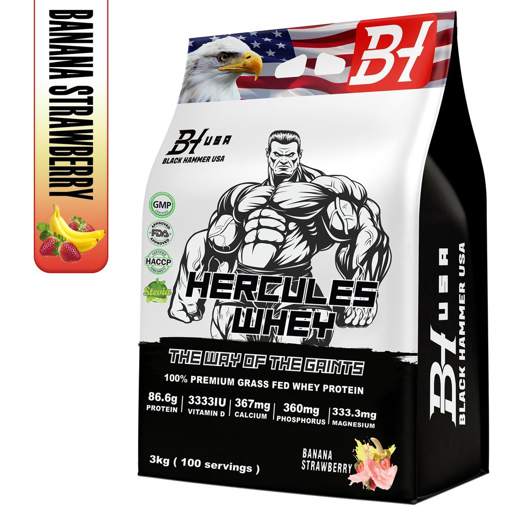 Hercules Whey Protein 3 kg – Banane-Erdbeere | Protein 86,6 g mit Vitamin D & Magnesium | Fitness, Muskelaufbau & Recovery - Black Hammer USA