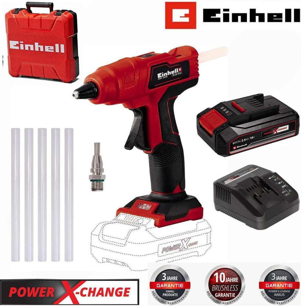 Einhell Akku-Heißklebepistole TE-CG 18 Li - mit Akku 2,5 Ah, Ladegerät Koffer