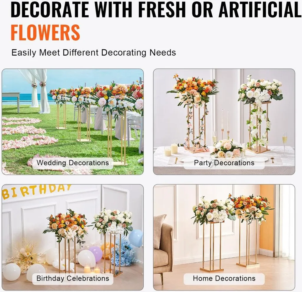 4 Supports de fleurs mariage dorés 80cm colonnes géométriques métal