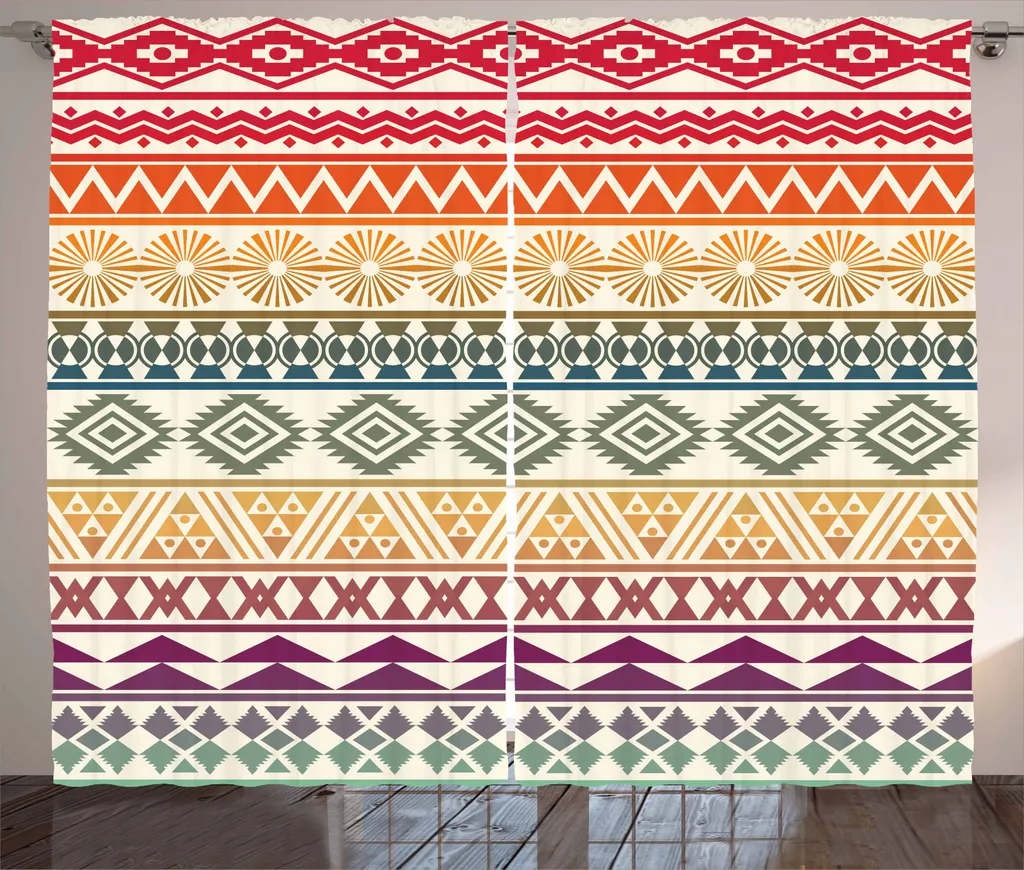 ABAKUHAUS Tenda rustica in stile azteco, linee geometriche a zig zag, tenda con passanti e ganci per camera da letto, 280 x 245 cm, multicolore