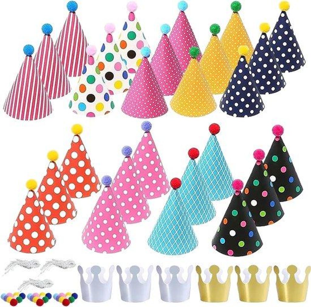 Partyhüte-Set mit Pompoms für Geburtstagsfeiern, Halloween und Neujahr