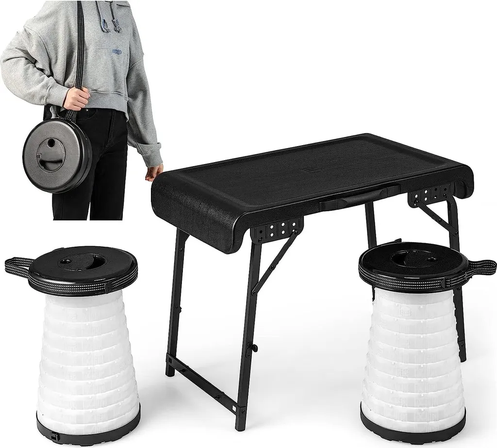Table de Camping Pliable et Tabouret Télescopique 200kg avec Éclairage