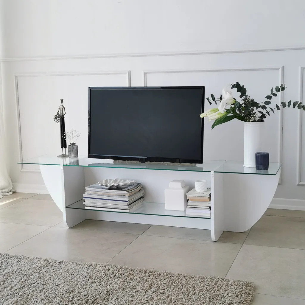 Meuble TV design pour grand écran blanc Lily - Verre trempé 158 cm