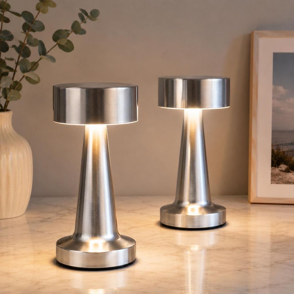 2er-LED-Tischleuchte,Kabellos Dimmbar Tischleuchte,3 Helligkeitsstufen,Touch Steuerung Nachttischlampen,USB-Nachtlicht,Warmweiß Nachtlicht,silber