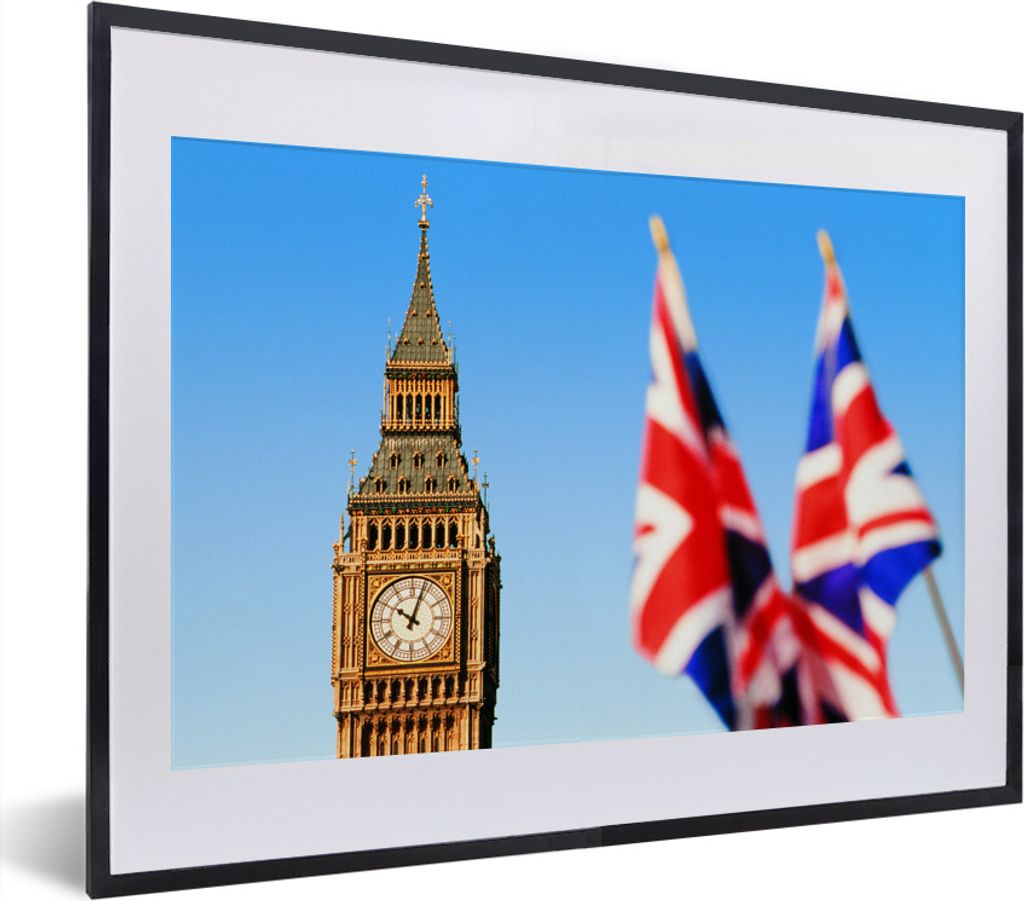 MuchoWow MuchoWow Gerahmtes Poster Big Ben und zwei britische Flaggen in London 40x30 cm - Poster mit zchwarzem Bilderrahmen - Bilderrahmen - P...
