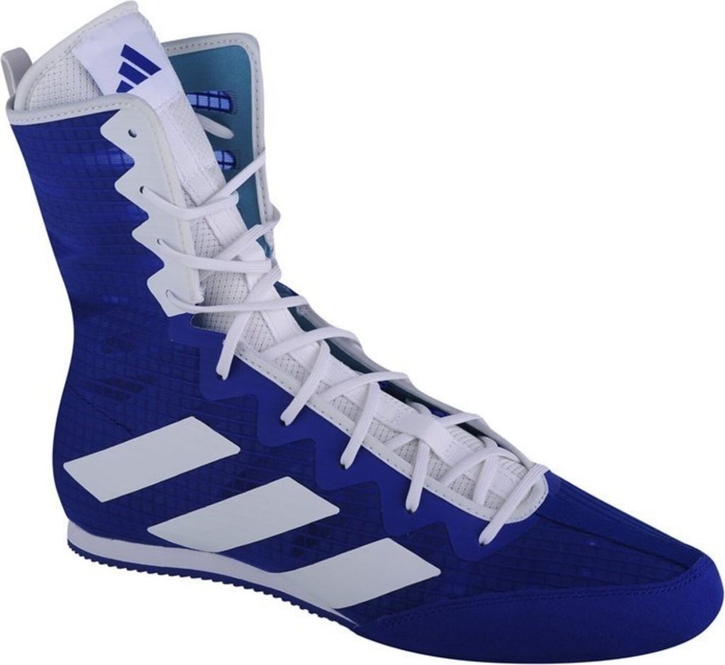 A single blue and white Adidas boxing shoe is shown against a white background.
