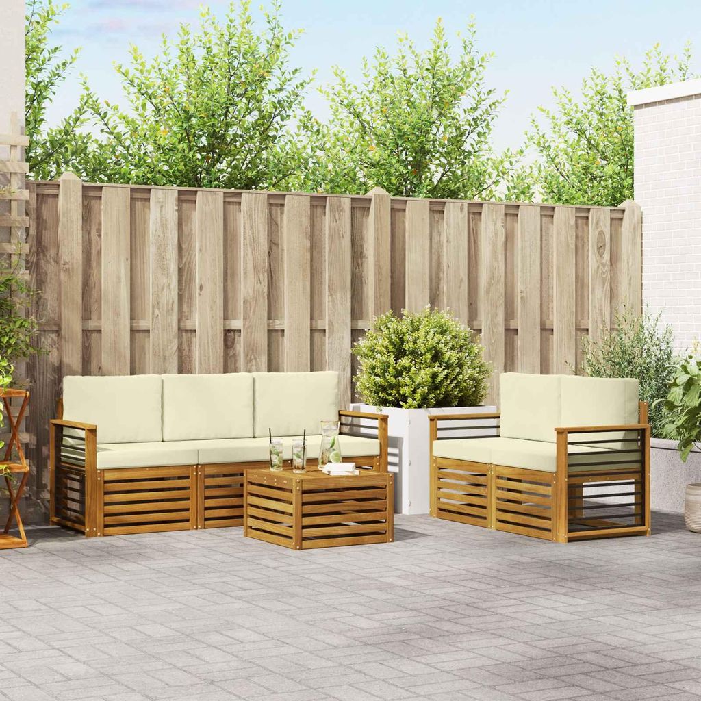 "Seasonal Sale"Sofagarnitur - CLORIS - Balkonmöbe/Sitzgruppe - 6 pcs - Moderne Design - Natur und Creme Massivholz Akazie - Gartensofas DEMöbel33...