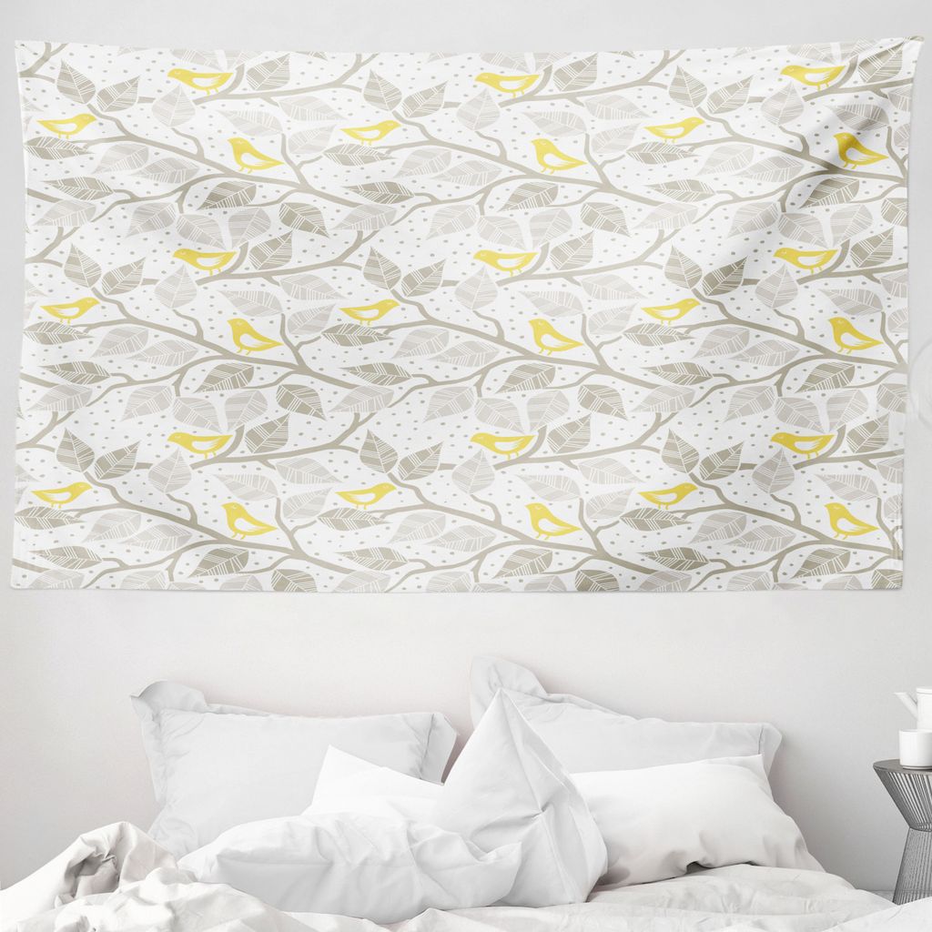 ABAKUHAUS Grau und Gelb Wandteppich, Baum und Vögel aus Weiches Mikrofaser Stoff Waschbar ohne Verblassen Digitaldruck, 230 x 140 cm, Gelb Weiß Grau