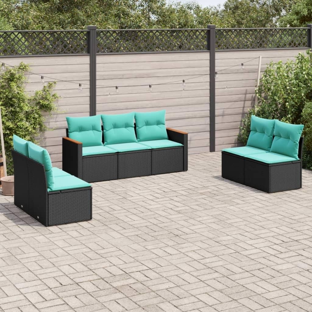 Möbel 7-teiliges Gartensofa-Set mit Kissen, schwarzes Polyrattan - Gartenmöbelgarnituren 3225875