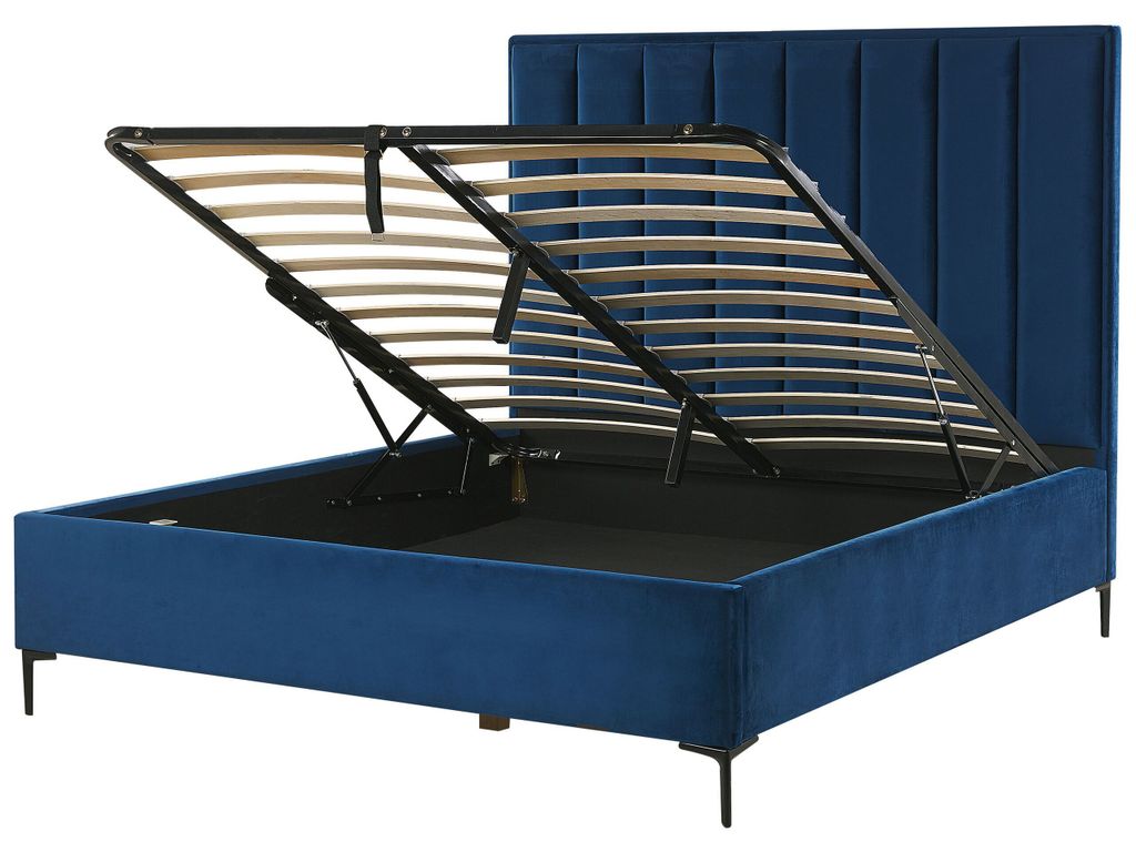 BELIANI Polsterbett Marineblau Samtstoff Gesteppt mit Hohem Kopfteil Bettkasten Lattenrost 140x200 cm Hochklappbar für Schlafzimmer Doppelbett Ehe...