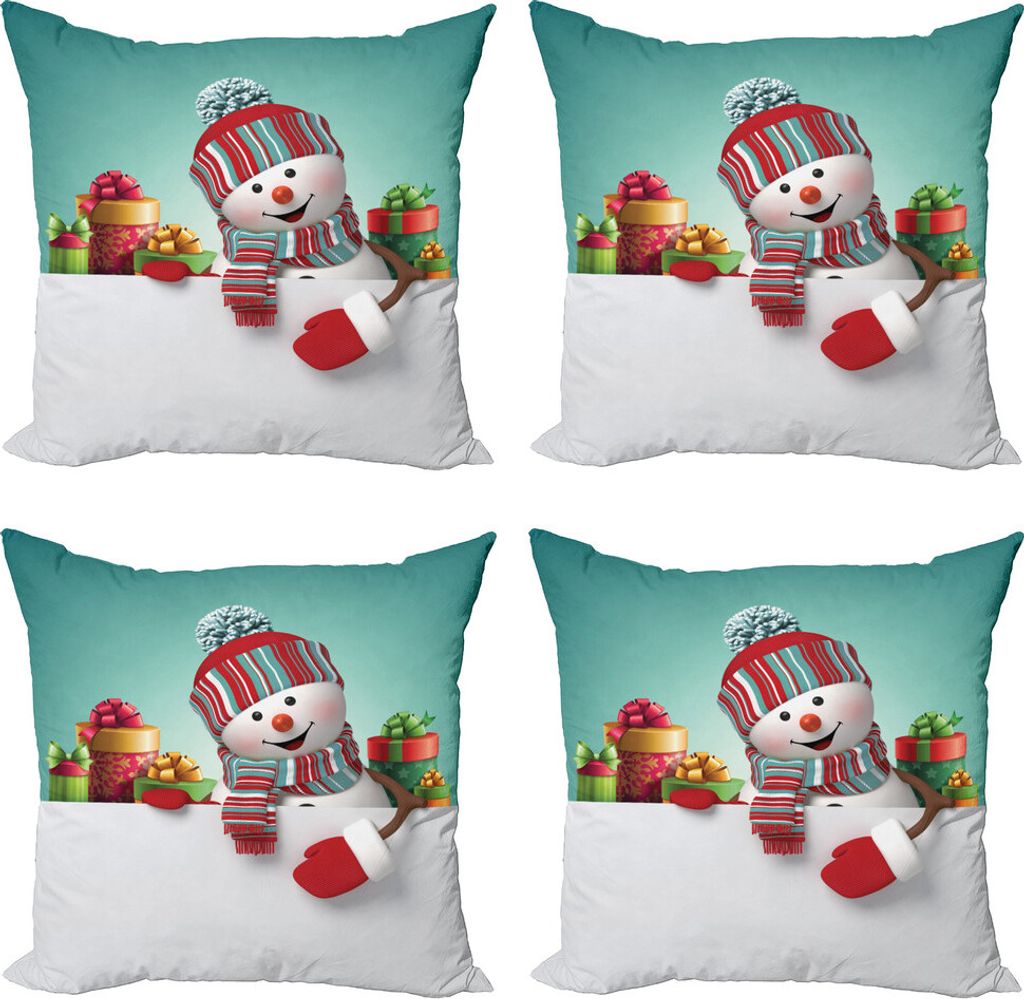 ABAKUHAUS Weihnachten Kissenbezug Set (4 Stück), Schneemann und Boxen, Moderner Doppelseitiger Digitaldruck, 45 cm x 45 cm, Mehrfarbig