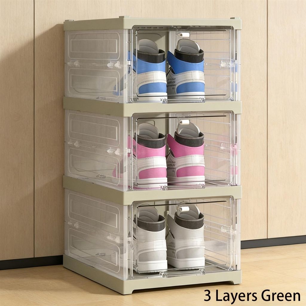 3-stöckig Transparente Aufbewahrungsbox für Schuhe, staubdicht, ohne Montage, ideal für Wohnzimmer, Schlafzimmer, Flur & Balkon, Farben: Grün