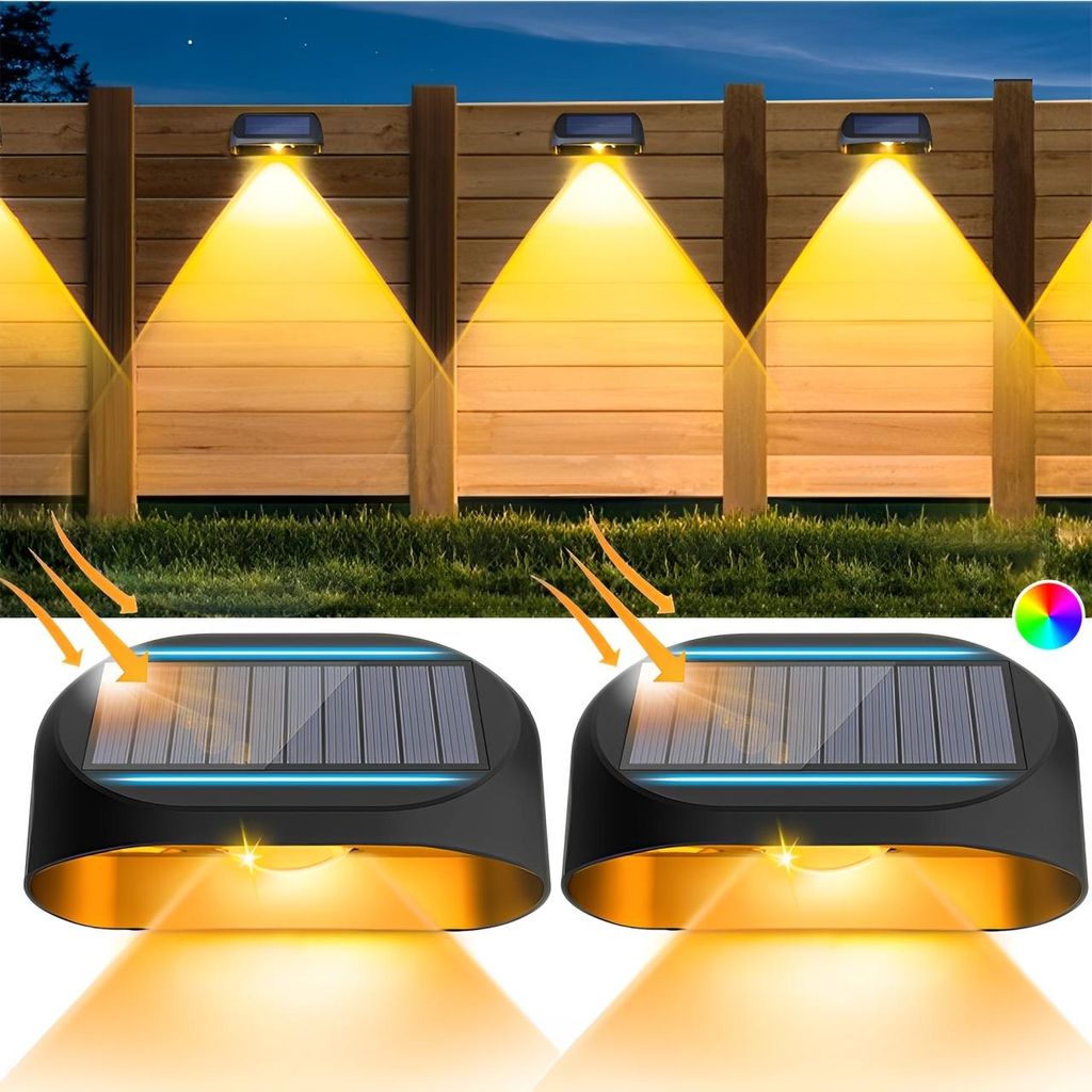 Solarlampen für Außen, 2 Stück Solar Decklichter Garten Deko Wasserdichte Solar Zaunlichter Warmweiß RGB für Treppen Zaun Hof Terrasse Weg