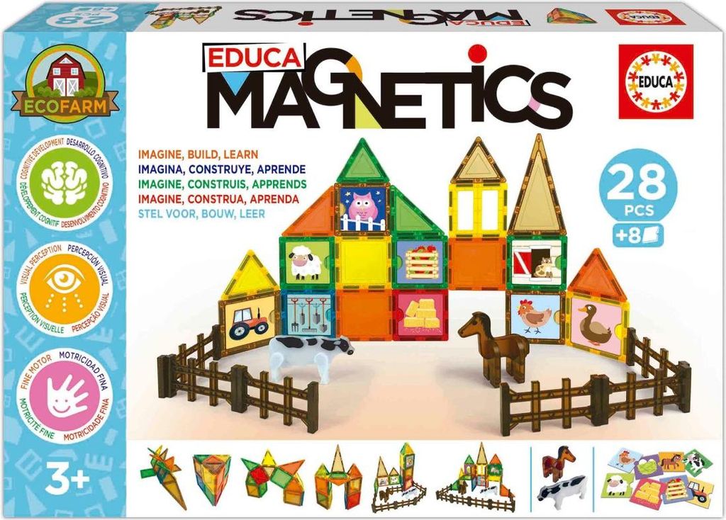 Magnetisches Öko-Bauernhof-Bauset - EDUCA - 28 Magnetteile, 2 Tiere, 8 Karten - Ab 3 Jahren
