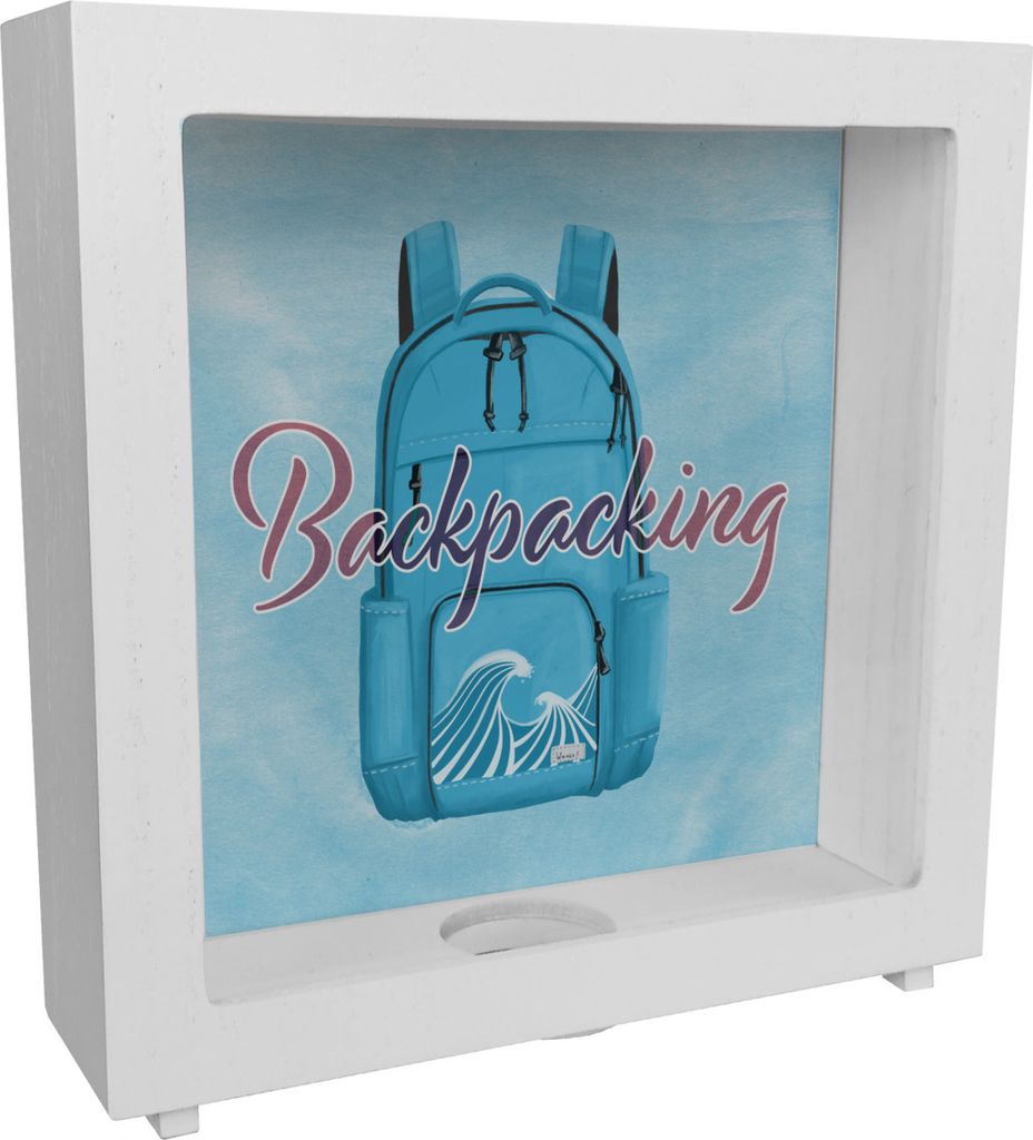 Rahmen Spardose aus Holz für Rucksacktouristen mit Rucksack Motiv und Text -