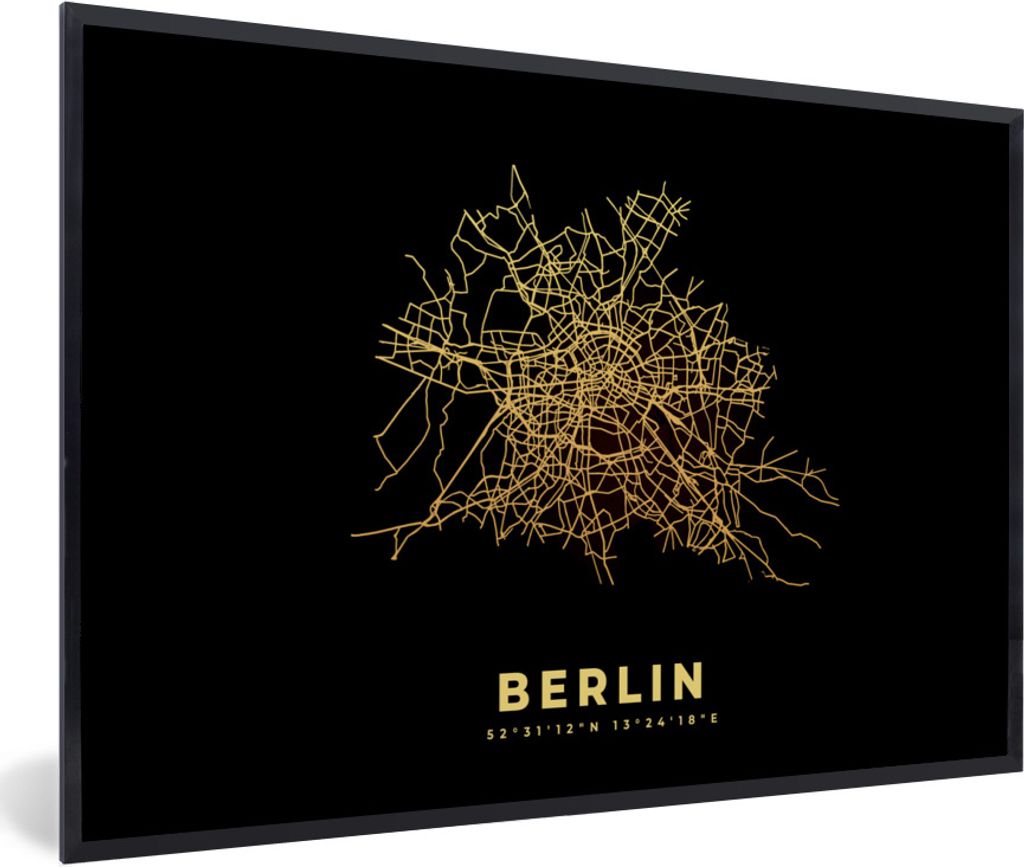 MuchoWow Gerahmtes Poster Berlin - Gold - Karte - Stadtplan - Karte 90x60 cm - Poster mit Schwarzem Bilderrahmen Wandposter Rahmen Foto Bilder - ...