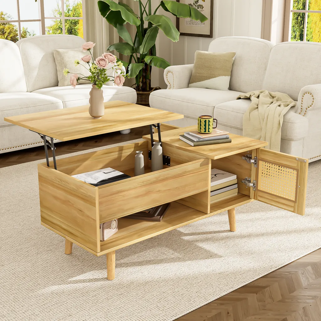 Table Basse Relevable pour Manger ou Travailler - Design Bois Rotin