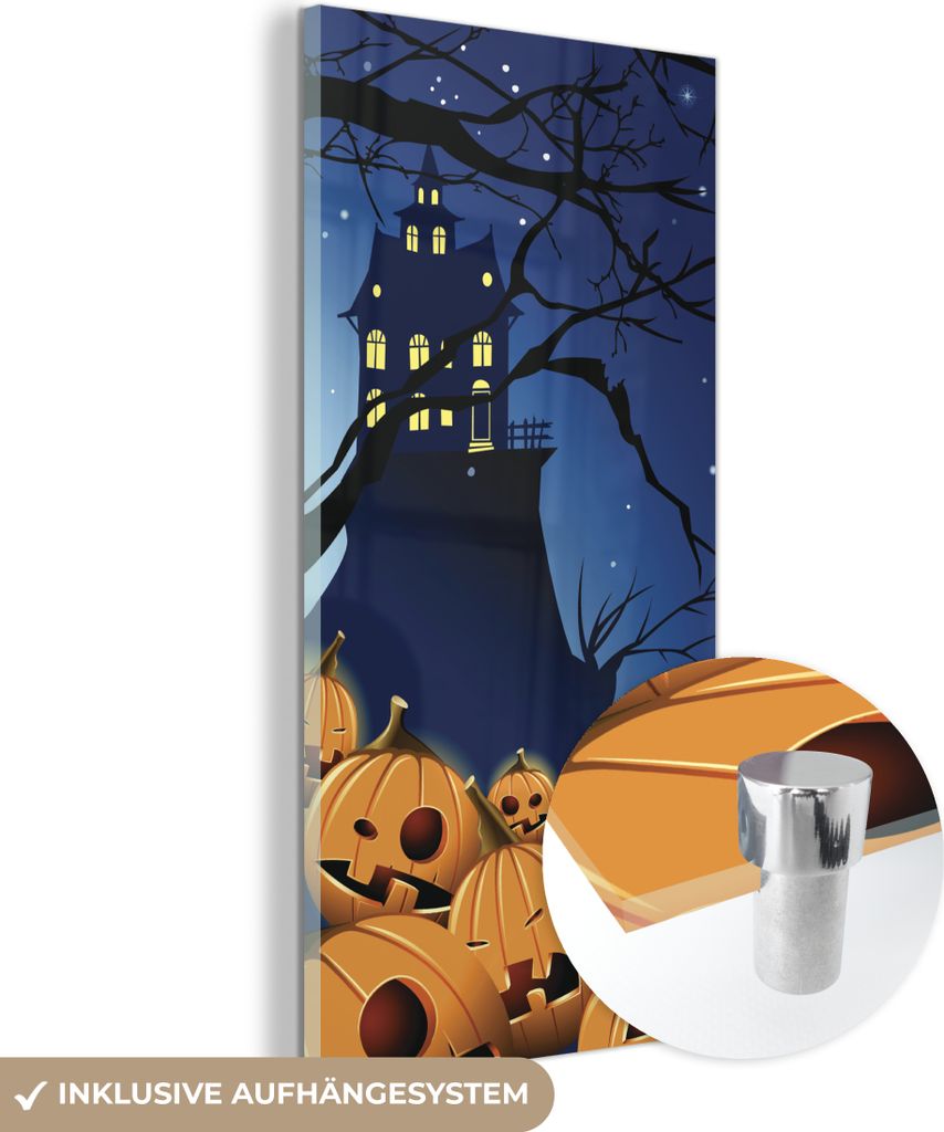 MuchoWow Glasbilder - Bilder auf Wandbild - Foto auf Glas Eine Halloween-Nacht in einer Illustration 60x120 cm Wanddekoration aus Glas - Acrylgla...
