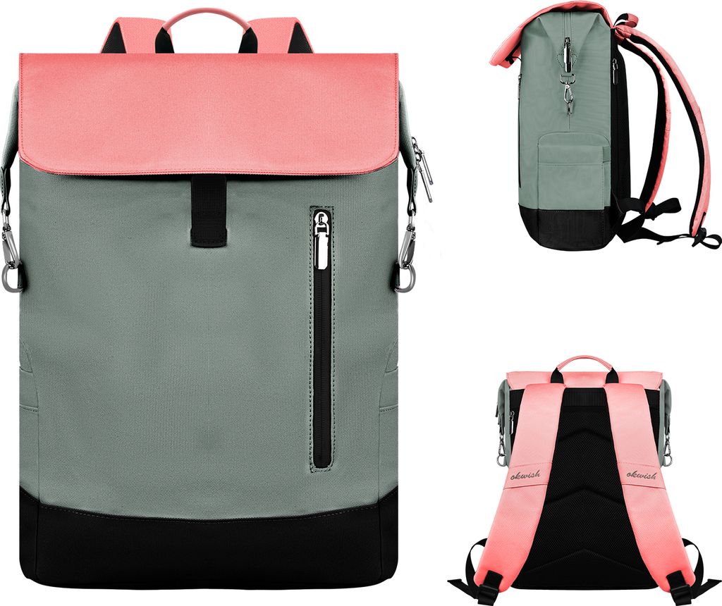 OKWISH Rucksack Damen & Herren - Rolltop Daypack für Arbeit Uni Fahrrad - Backpack mit 15.4 Zoll Laptop Fach - Rückenpolsterung & Wasserabweisend...