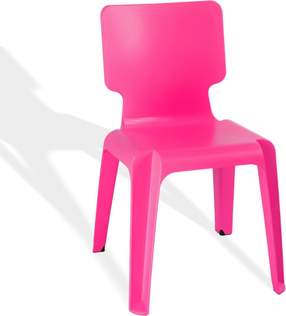 A bright pink plastic chair, likely for a child, is shown against a white background with a prominent shadow.