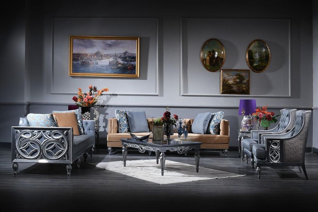 Casa Padrino Luxus Barock Wohnzimmer Set Blau / Beige / Silber - 2 Sofas & 2 Sessel & Couchtisch - Barock Wohnzimmermöbel