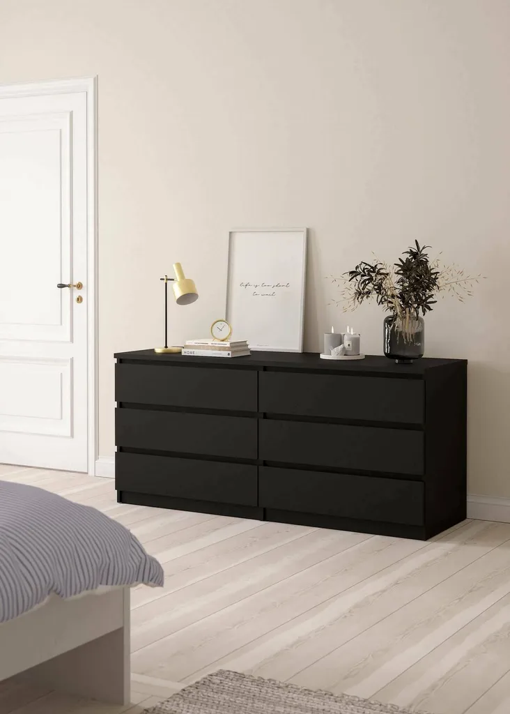 Commode Noire 154cm Aci avec 6 Tiroirs Spacieux - Structure Robuste 70h