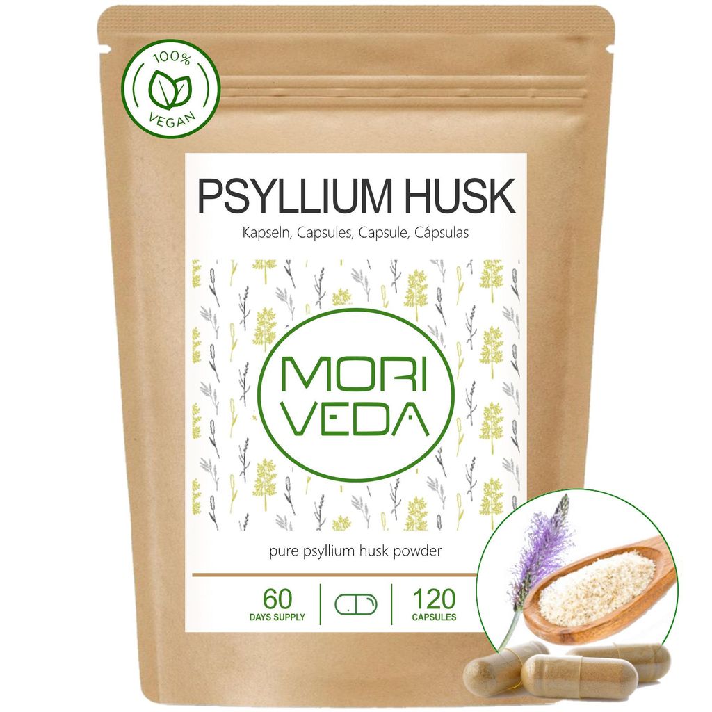 Flohsamenschalen Kapseln I Psyllium Husk I Verdauung, Entgiftung, Darmgesundheit I Vegan I Monatspackung I 120 Stk. von Moriveda