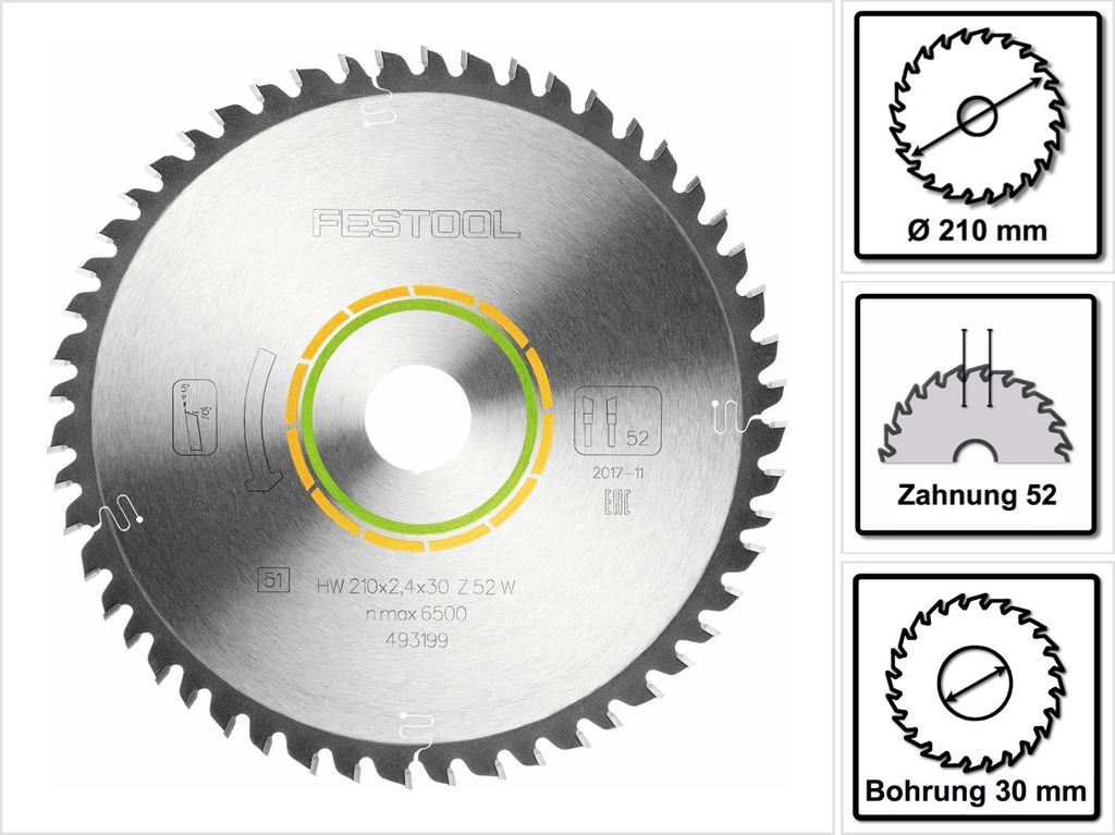 Festool Kreissägeblatt WOOD FINE CUT HW 210x2,4x30 W52