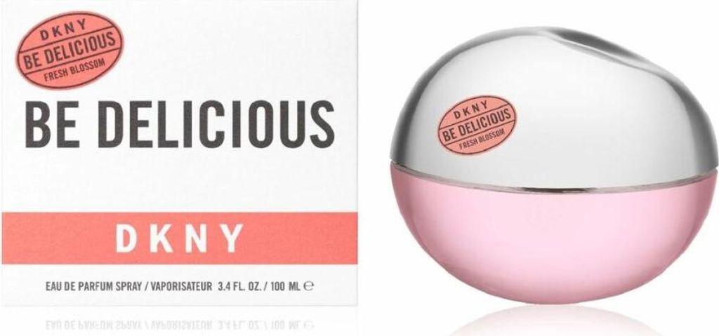A product shot of DKNY Be Delicious Fresh Blossom Eau de Parfum spray and its packaging.