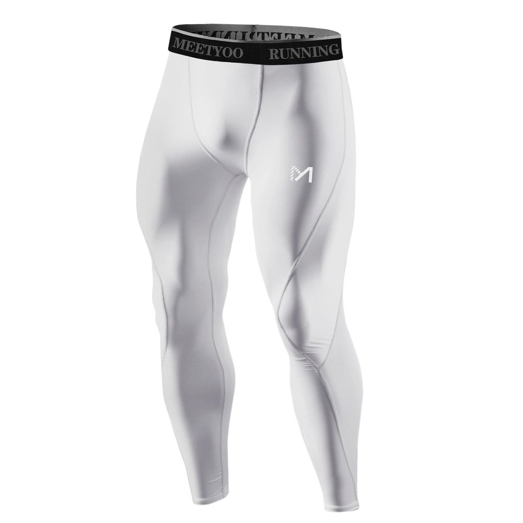 Herren Leggins Leggings Kompressions Hose Laufhose Tights Workout Fitness lang M Weiß