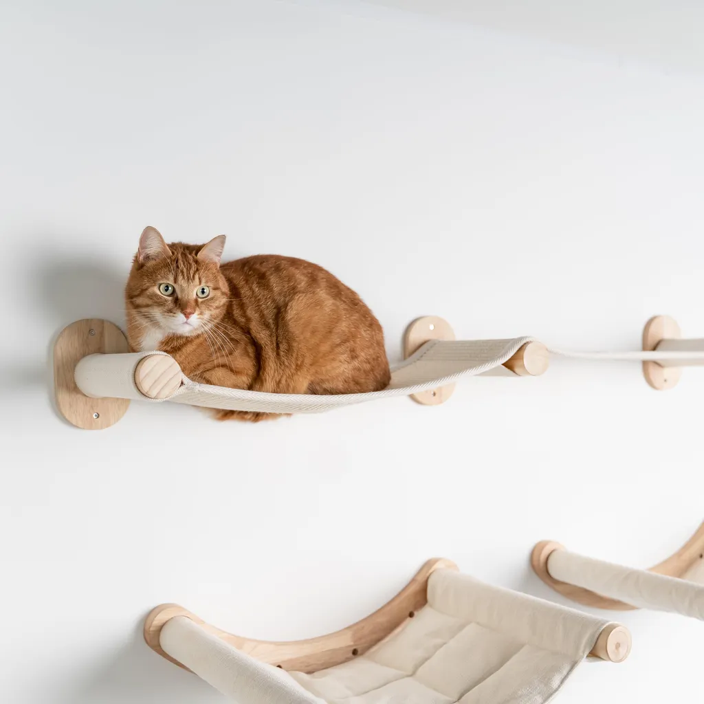 Arbre à chat mural beige et pont de singe en bois - Parcours de jeu - 5