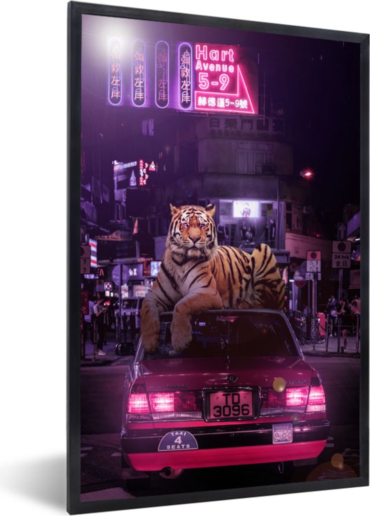 MuchoWow MuchoWow Gerahmtes Poster Tiger - Taxi - Stadt 20x30 cm - Poster mit zchwarzem Bilderrahmen - Drucken - Bilder Poster im Rahmen