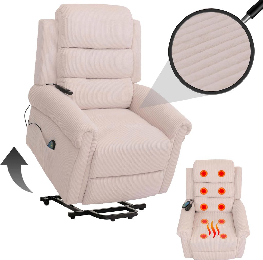 Fernsehsessel HWC-K63, Relaxsessel, Liegefunktion Aufstehhilfe Massage Heizfunktion, Stoff (220g/m²) Cord creme-weiß