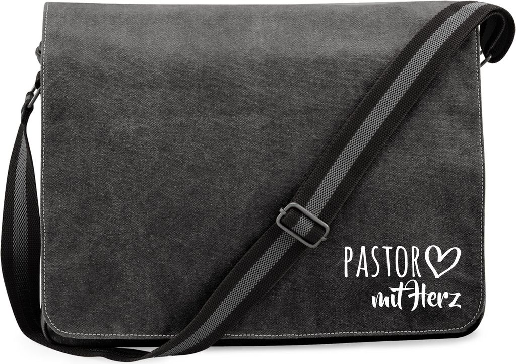 Huuraa Umhängetasche Pastor mit Herz 14 Liter Black Canvas Laptoptasche Geschenkidee