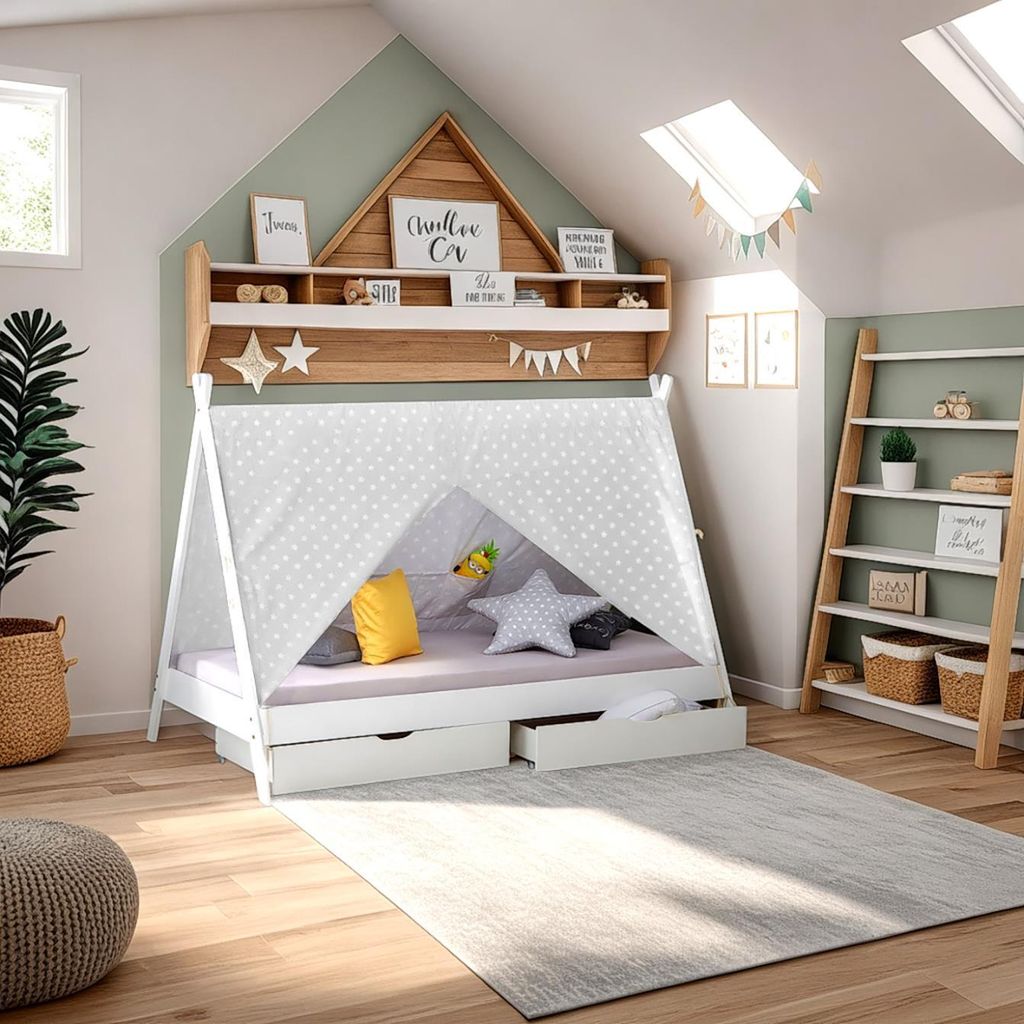 Homestyle4u Hausbett Kinderbett 90x200 mit Bettkasten Tipi Produktbild 