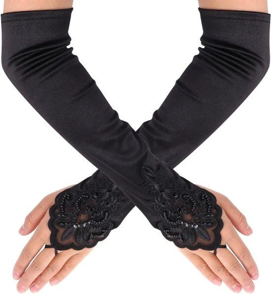 Gants longs en satin noir et résille gothique pour soirée chic - 50cm
