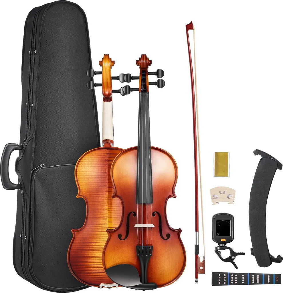 Violon 4/4 pour débutants et avancés - Pack bois massif avec étui et archet