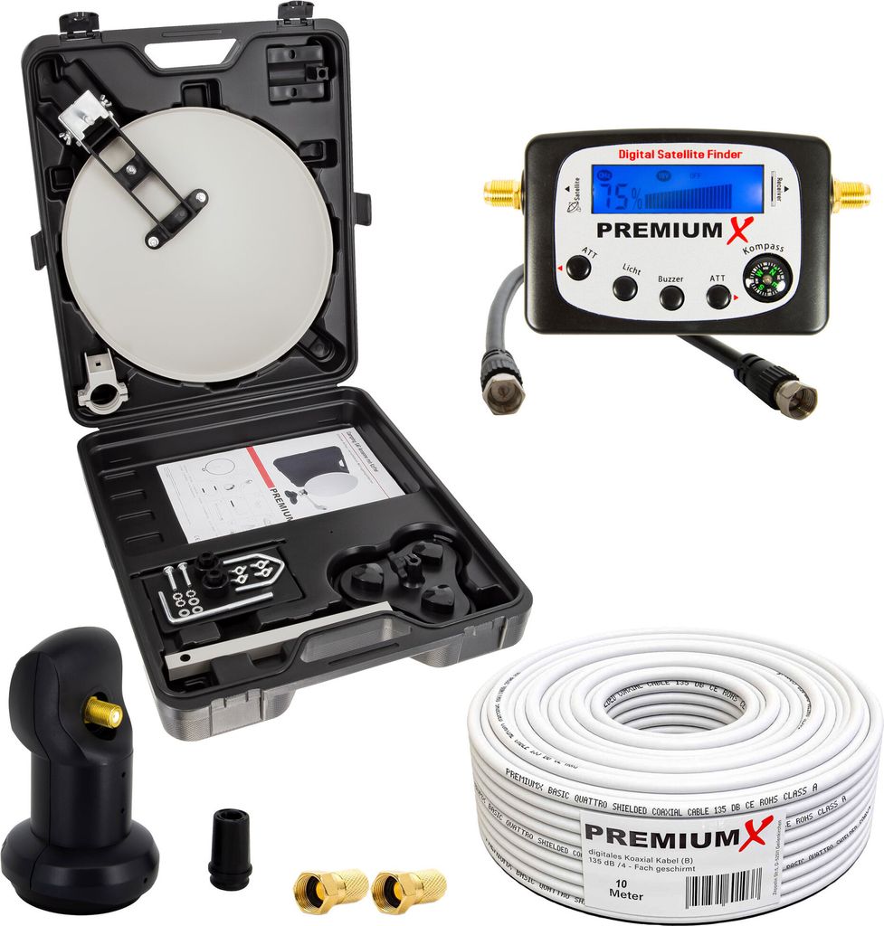 PremiumX Camping SAT Anlage Sat-Finder Single LNB 10m Kabel F-Stecker Koffer