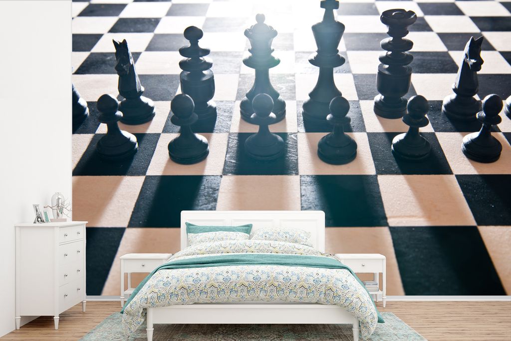 MuchoWow Fototapete für Wohnzimmer oder Schlafzimmer Wandtapete Vinyl Motivtapete Die schwarzen Schachfiguren auf dem Brett - 600x400 cm - Vinyl...