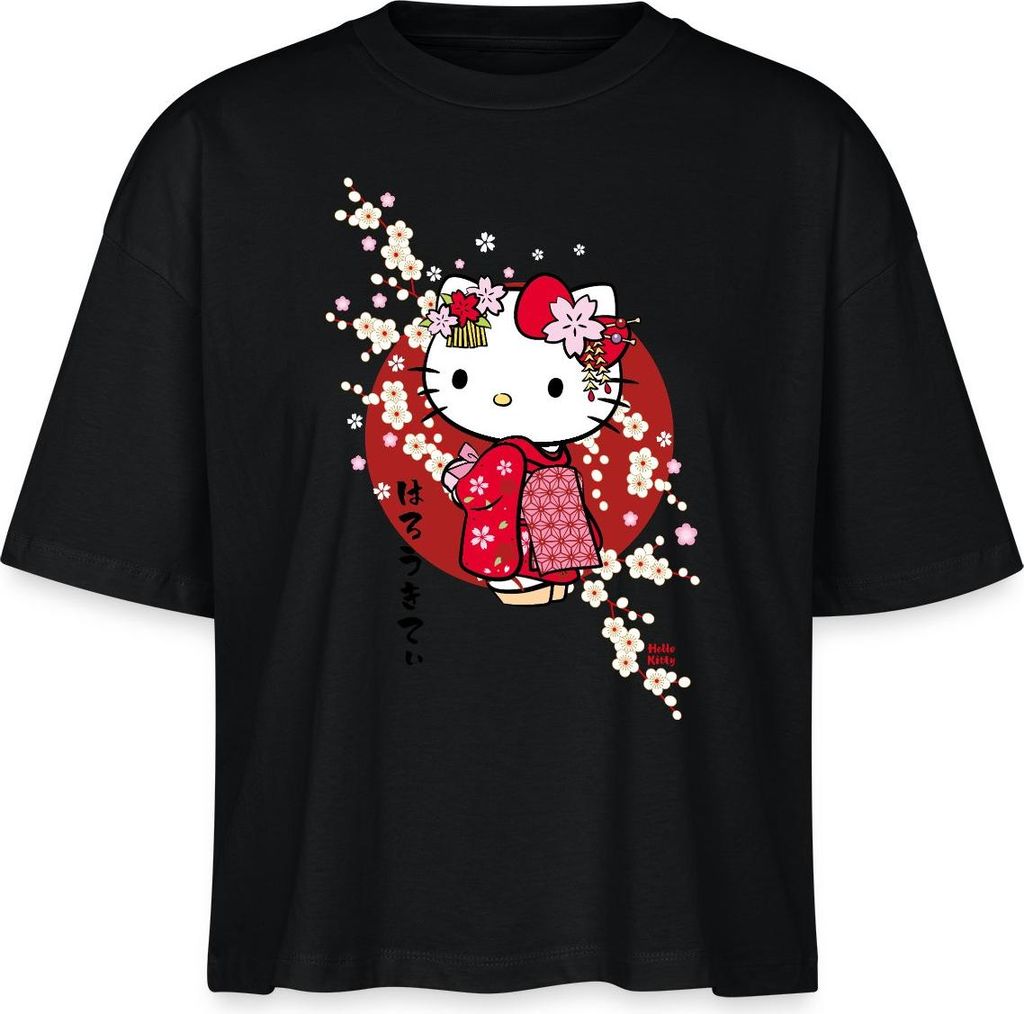 Spreadshirt Hello Kitty Japan Kimono Kirschblüten Boxy Shirt Damen, XXL, Schwarz