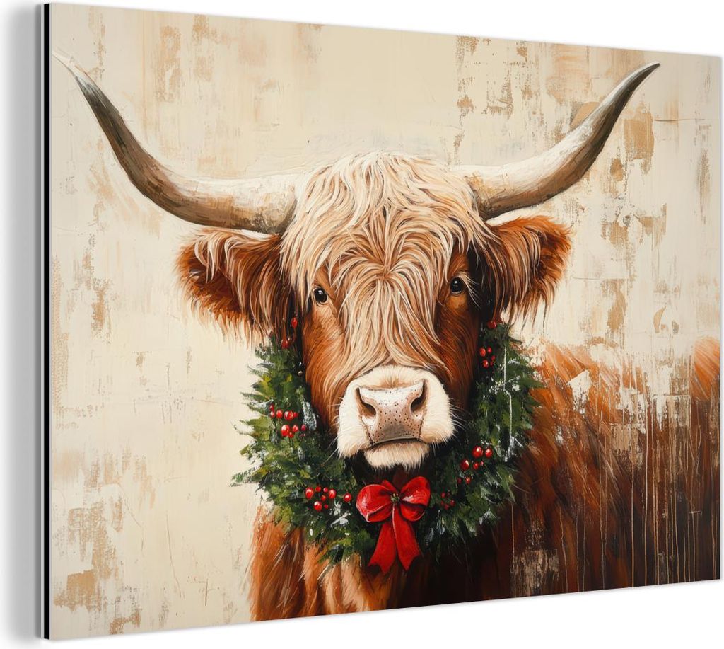 MuchoWow Wanddekoration Metall Metallbild Wandkunst 120x80 cm Weihnachten - Schottisches Hochlandrind - Braun - Kranz MuchoWow Aluminium Gemälde -...