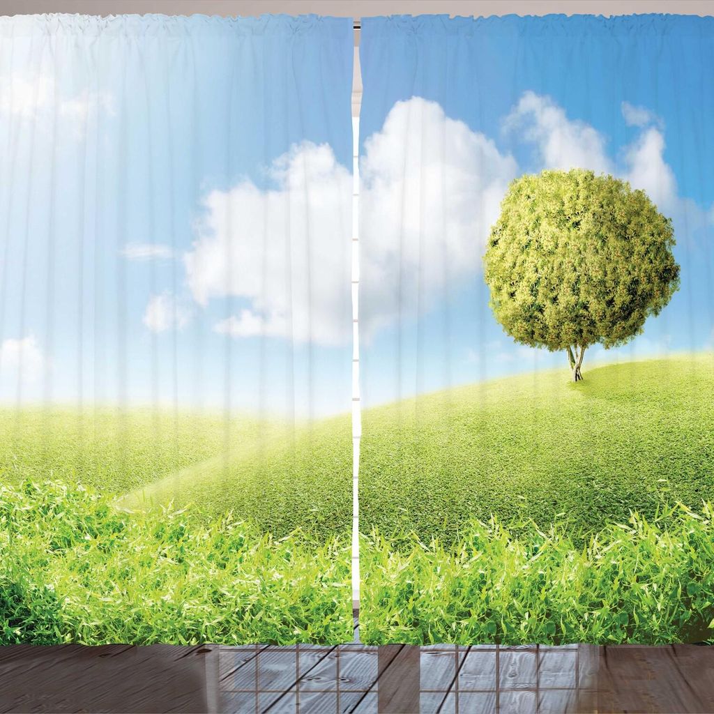 ARANDE Baum Gardine, Hübsche Landschaft von Gras-Feld mit klarem, blauem Himmel, 280 x 175 cm, Himmelblau Avocadogrün