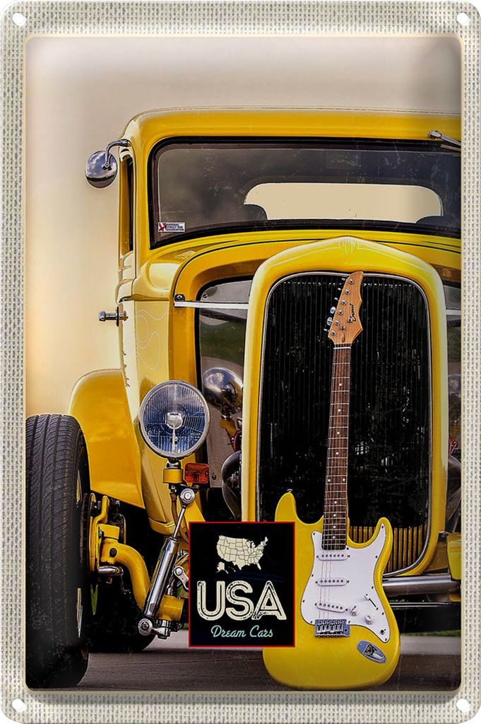 Blechschild Reise 18x12cm Amerika Oldtimer gelb Auto Gitarre