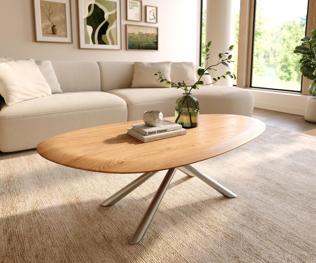 DELIFE Couchtisch Edge Oval 140x75 cm Eiche Natur Runde Kante Sarity Edelstahl gebürstet