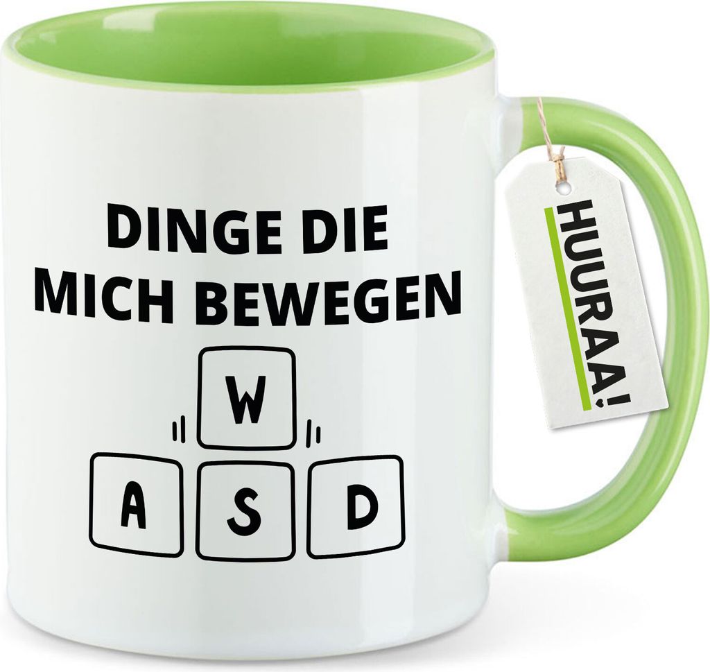 Huuraa Kaffeetasse Dinge die mich bewegen Tastatur W A S D 330ml Grün Keramik Kaffeebecher Geschenkidee