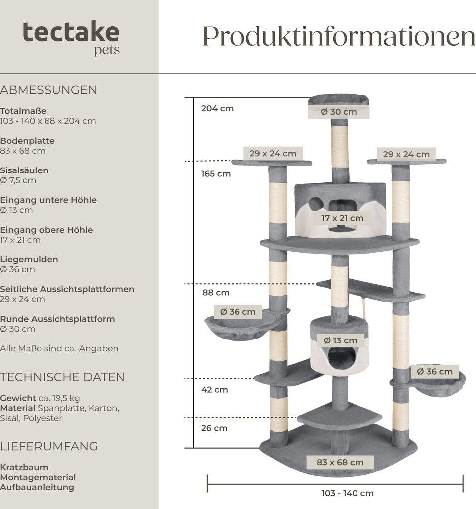 Kratzbaum Nelly 204 cm inklusive Spielkordel und Kippschutz Produktbild 5