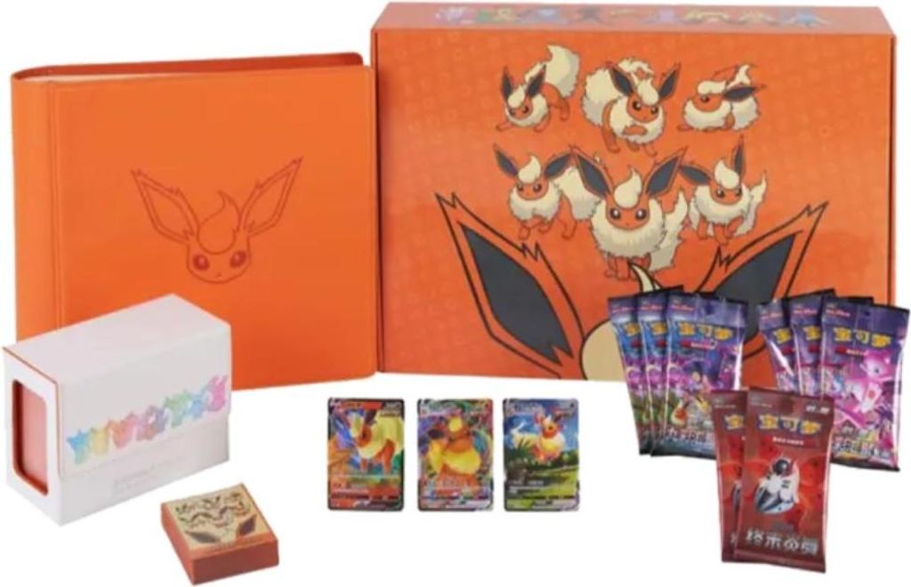 A collection of Pokemon trading cards and accessories, including a binder, box, and booster packs, all themed around Flareon.