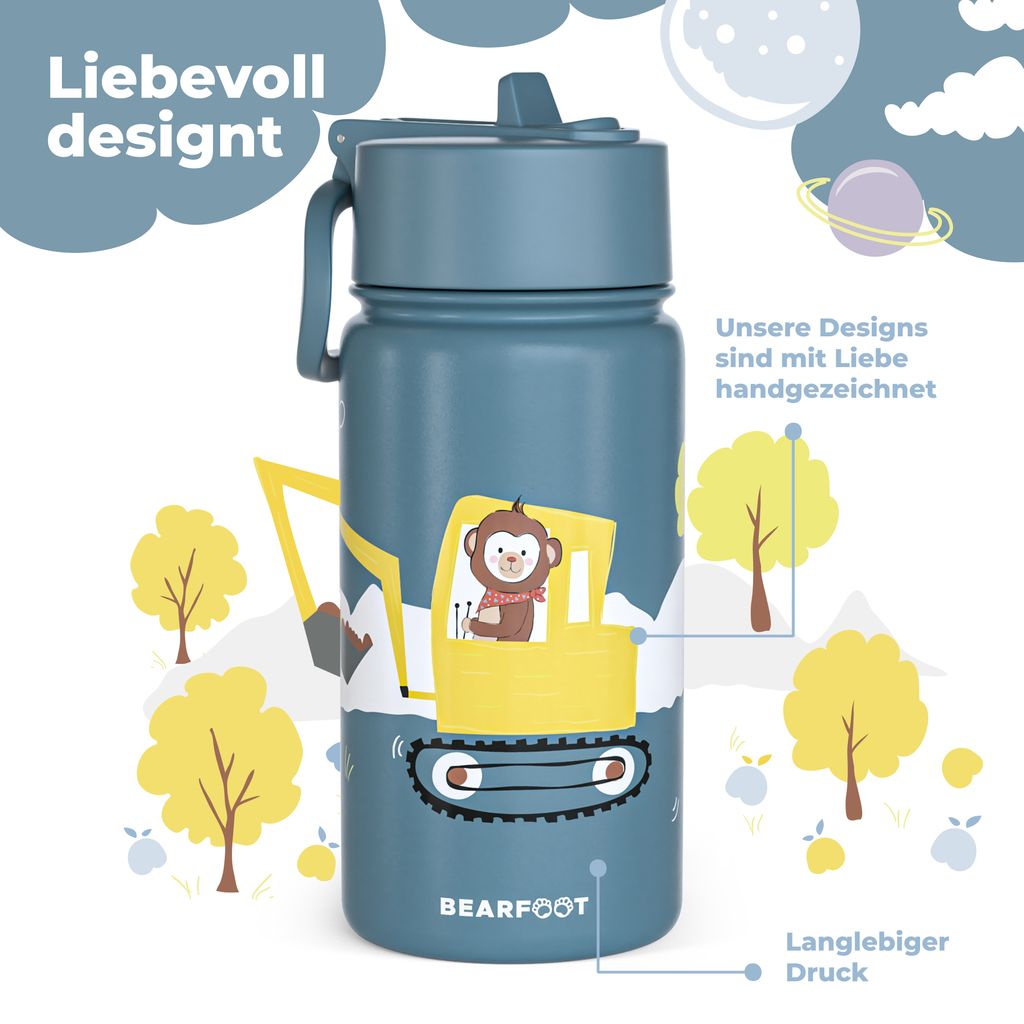 Trinkflasche Kinder Edelstahl mit Strohhalm, Thermosflasche 400ml - BPA frei, auslaufsicher, Kleinkinder, Mädchen & Jungen Wasserflasche - Bagger